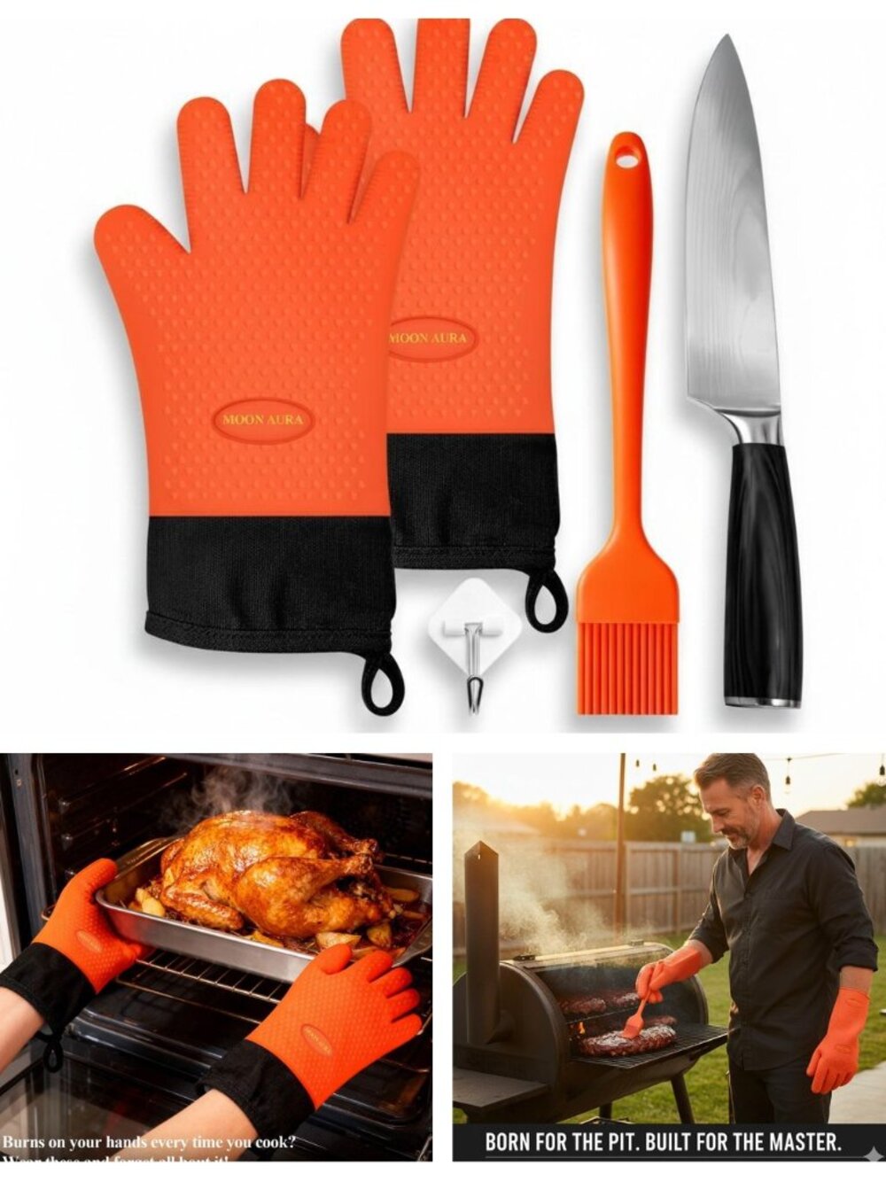 Moon Aura BBQ Gloves - Heat Resistant Oven Mitts for Grilling, Baking & Smoking